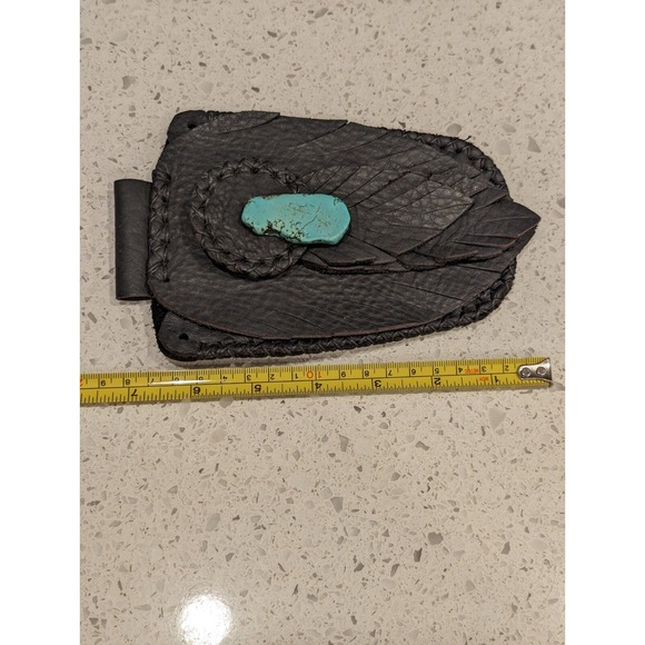New Handmade Native American Style‎ Black Leather Belt Bag Pouch Turquoise Stone - Picture 6 of 9